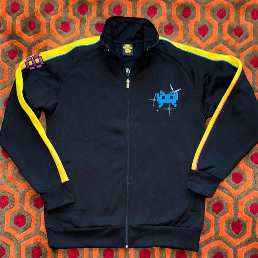 Men's Space Invaders Black Track Jacket with Yellow and Blue Accents XL - Picture 2 of 10
